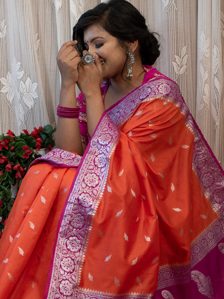 Orange-Rani Pink Pure Katan Silk Banarasi Shikaargah Handloom Saree - Tilfi